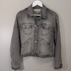 Rapsodia Womens Gray Denim Trucker Jacket Size 2 Distressed Wing Embroidered